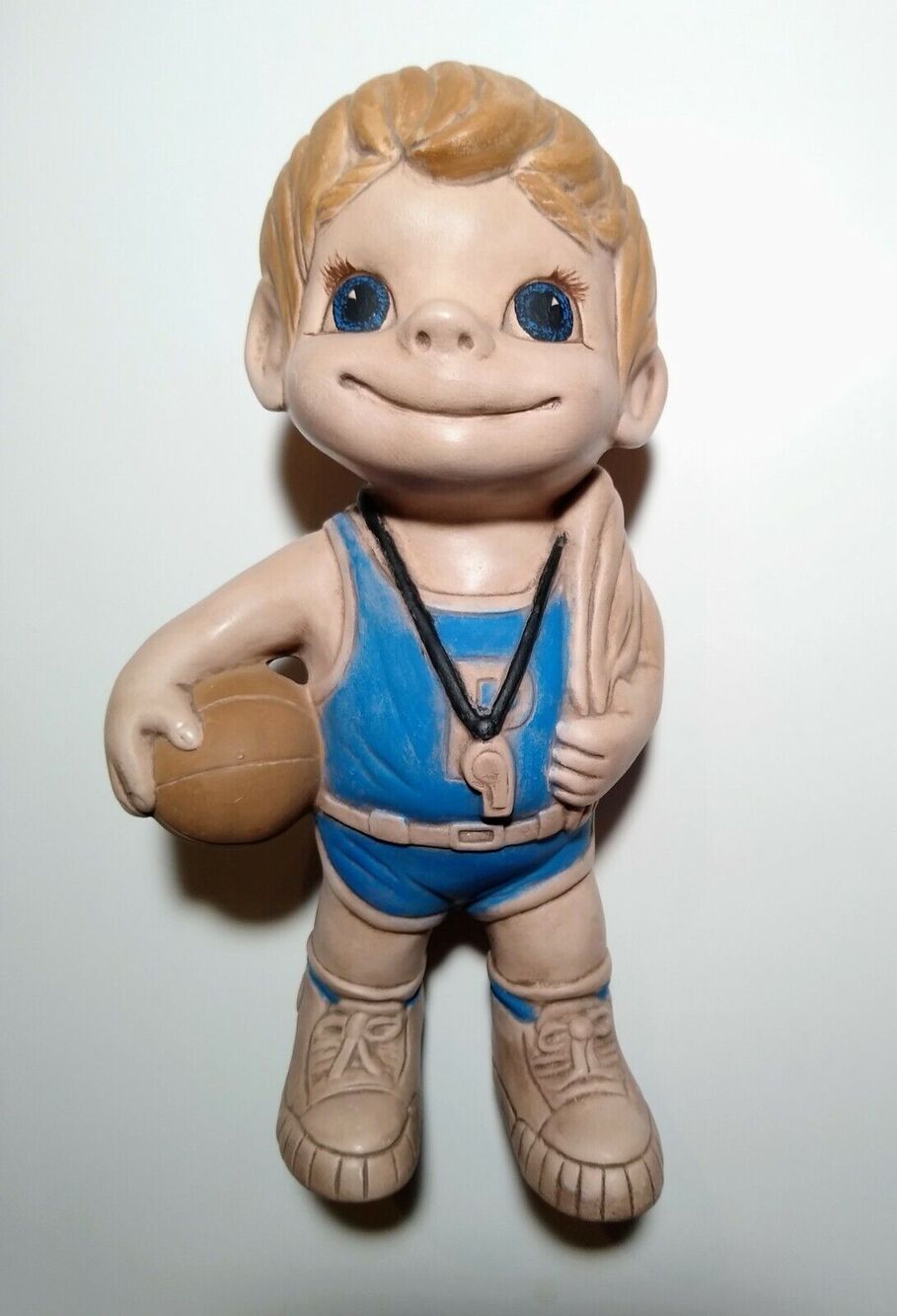 Vintage 70s Folk Art Porcelain Bisque 1973 Shareen Basketball Coach Figurine 12"